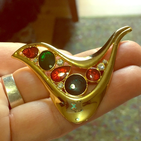 Gold tone enamel vintage partridge pin jewel tone glam retro art deco bird pin - Picture 7 of 16